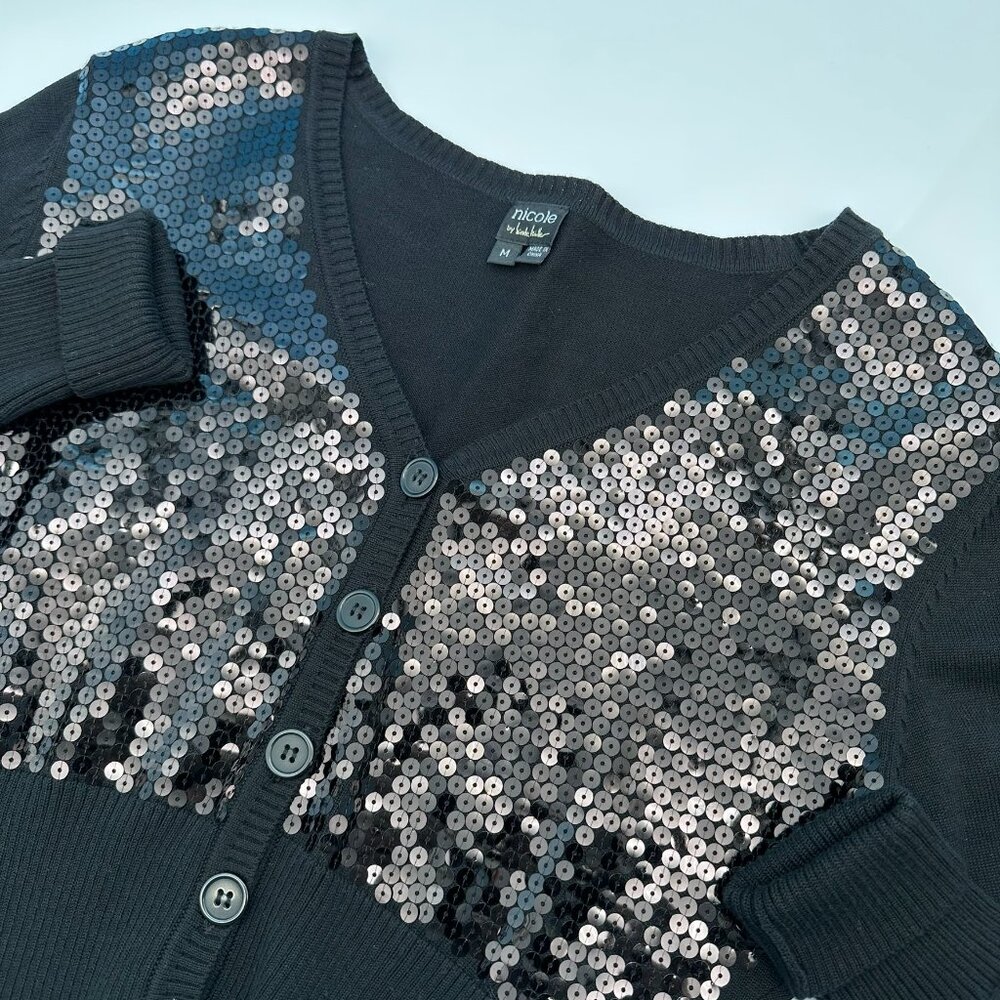 Nicole Miller Women's Sequin Accent V-Neck Cropped Cardigan, Size Med, Black
